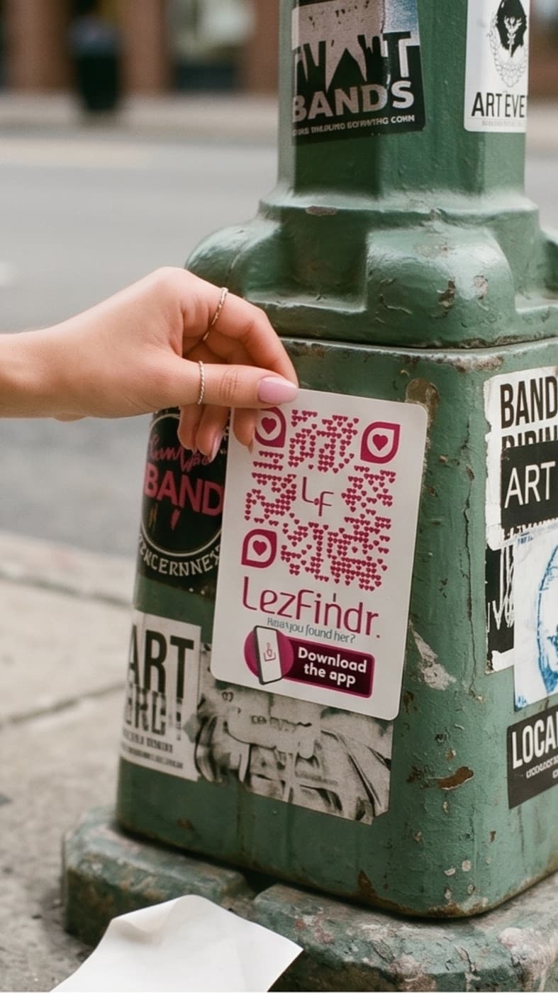 A LezFindr QR sticker going up on a lamppost